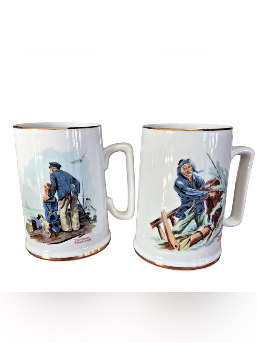 Norman Rockwell Vintage Sailor Coffee Mugs Cups Set of 2 White Gold Trim